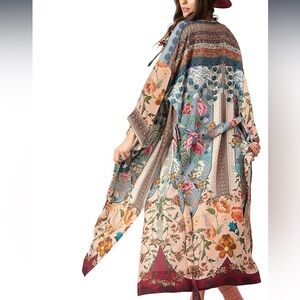 New Boho Floral Kimono Blue Maxi Duster Jacket Size Medium